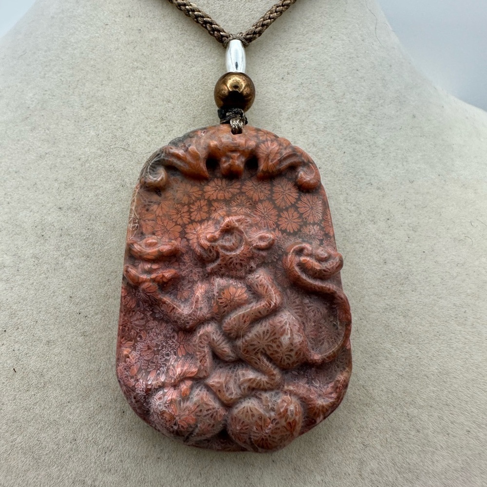Coral Fossil Monkey Pendant Necklace Sterling Silver Accent on Adjustable Rope
